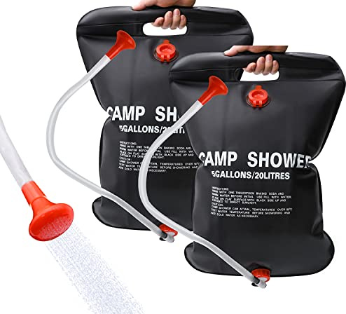 DkOvn 2 Pack Solar Shower Bag, 5 Gallons/20L Camping Shower Bag, Portable Shower Bag with Removable Hose and On-Off Switchable Shower Head for Camping Beach Swimming Outdoor Traveling