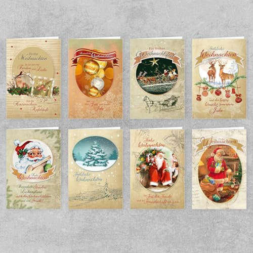 Weihnachtskarten mit Umschlag Set 50 Stück | Grußkarten für Weihnachtsgrüße, 8 verschiedene Motive | Frohe Weihnachten Klappkarte, BasicLine 11,5x17,5cm