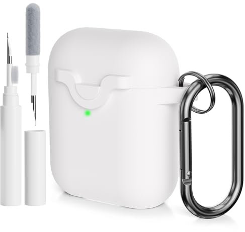 AOTUAO Compatibile con AirPods 2 e 1 Custodia Cover e Kit di Pulizia, Case Protettiva Antiurto e Antiscivolo in Silicone per AirPods 2a e 1a Generazione con Moschettone, Bianco