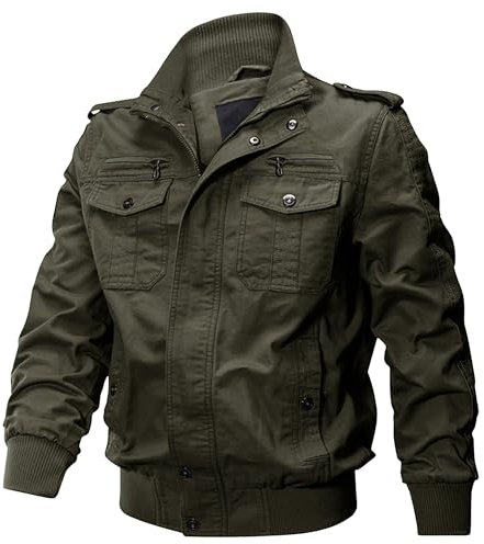 ZDJSWJ Hommes Casual coupe-vent veste cargo militaire Multi-poches col montant bomber workwear (Vert Militaire,XL)