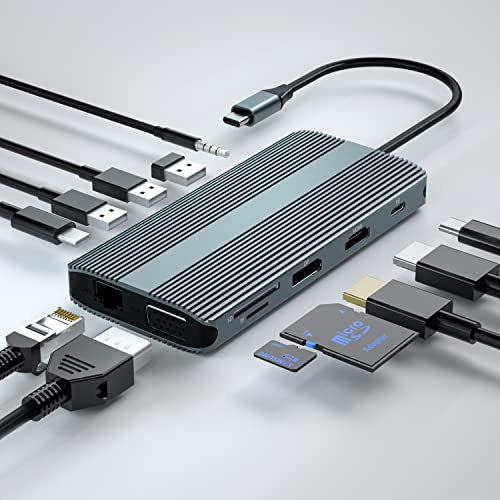 USB C Dockingstation, 12 in 1 USB C Hub, Dual HDMI Multiport Adapter, Dreifach Display, unterstützt 4K HDMI, VAG, DP, 2 x USB 3.0 (5 Gbit/s), USB 2.0, Typ C, 100 W PD, TF/SD, Audio