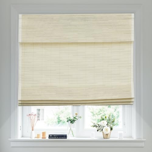 Moonice Cordless Roman Shades for Window Privacy, Natural Woven Fabric Privacy Room Darkening Blinds, Thermal Insulated Window Blind Treatment for Bedroom Living Room, Beige