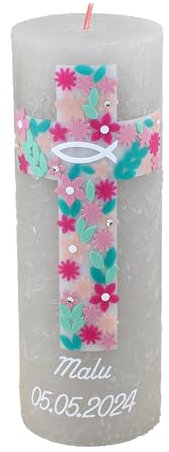 Cerziies® Taufkerze Rustik MALU Junge oder Mädchen mit Name und Datum, individuell und handverziert 2408, Variante:Glasteelichteinsatz