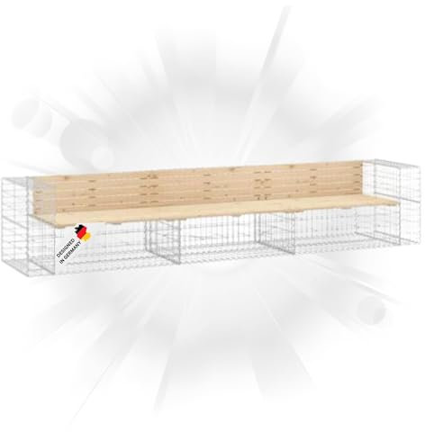 DELUKE Gartenbank Gabionen INO aus Stahl | 347x71x65,5cm Kiefernholz Natur | Gabionenbank Gartenbank mit Sitzfläche aus Gabionen Steinkorb Gabionengitter Ziergabione Drahtkorb befüllbar