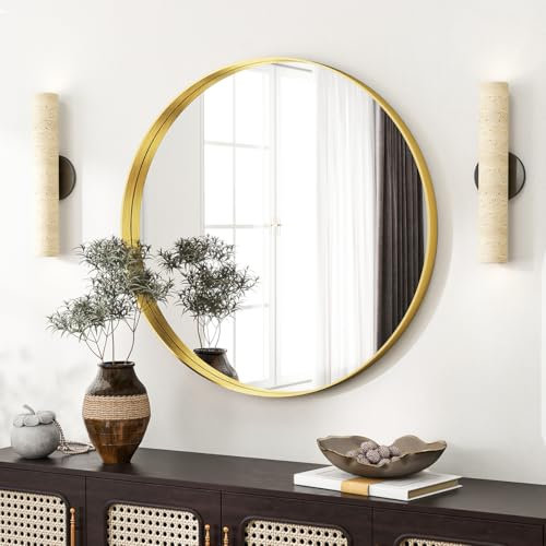 Koonmi Luxuriöse Spiegel Rund 61 cm, Gold Tiefer Rahmen Runder Badspiegel, Wandspiegel Rund mit Schwarz gebürstetes Metall Rahmen für Badezimmer, Wohnzimmer, Eingang Wanddekoration