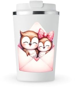 MAXIKIWI Isolierter doppelwandiger, auslaufsicherer Edelstahlbecher, Kaffee- oder Tee-Reisebecher mit Deckel, hält Getränke heiß und kalt – süßes Paar Eule Valentinstag – 350 ml