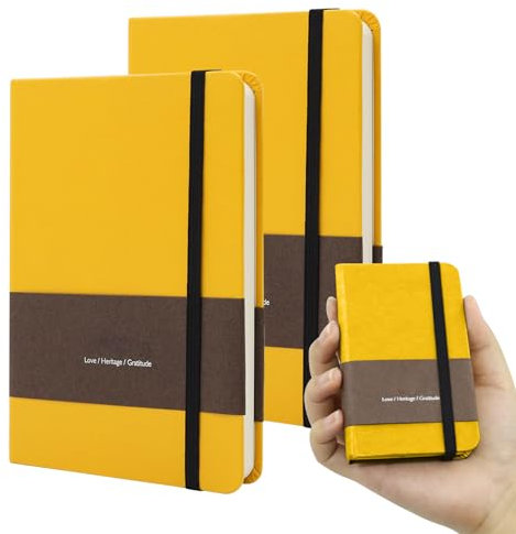 TUNJILOOL A7 Leather Journal Notebook - 2Pack Dotted/Grid/Blank Pages, 100GSM Thick Paper, Water-Resistant Cover, Elastic Closure & Inner Pocket (Yellow)