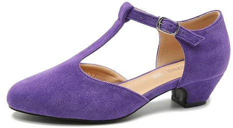 MAIERNISI JESSI Women's T-Strap Low Chunky Heel Mary Jane Pumps Cut Out Wedding Dress Shoes, Purple Suede, 7 UK