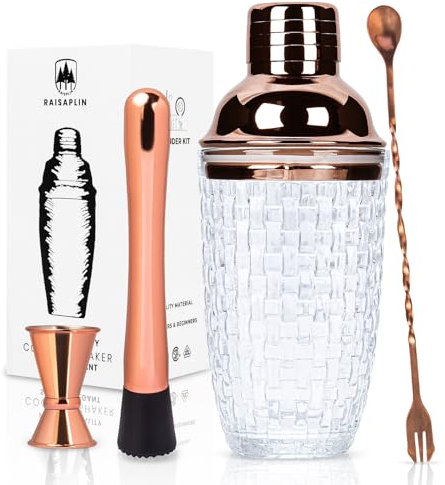 Raisaplin 4 Pcs Cocktail Shaker Set - Ideal for Home Bar, Mixing Drinks with Glass Shaker, 10 Cocktail Spoon, Double Jigger and Extra Long Drink Muddler for Martini, Whiskey, Wine - Rose Gold