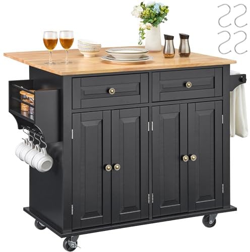 VEVOR Isla de Cocina Portátil con Ruedas, Carrito con Superficie de Madera, Gabinete de Almacenamiento, con Hojas Abatibles, Estante para Especias, Cajón y Ganchos, Negro, 1100 x 715 x 813 mm