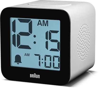 Braun Digital Speaking Alarm Clock with Snooze, Positive LCD Display, Spoken Setting Options, Crescendo Beep Alarm in White, model BC25WP