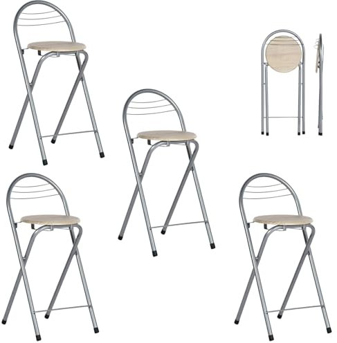 ZZINOKE Set di 4 Sgabello Bar Pieghevole,Sgabello Pieghevole Alto con Schienale,Nessun Montaggio Richiesto, Altezza seduta 61 cm, per Cucina,Bistrot,all'Aperto(Venatura del Legno e Argento)