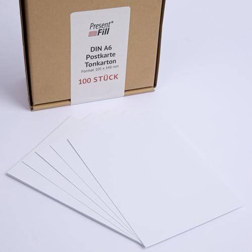PresentFill® - blanko Postkarten Tonkarton Diamant Weiß, Papier-Karten Set 100 Stück 210 g/m² -DIN A6-105 x 148 mm zum Selbstgestalten, beschriften oder bedrucken als Bastelkarton, Karteikarten