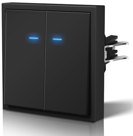 BSEED Interrupteur avec Voyant,Interrupteur Poussoir avec Griffes,Mat Interrupteur Mural,Facile à Installer,C - Série,2 Gang 1 Voie,80mm Noir