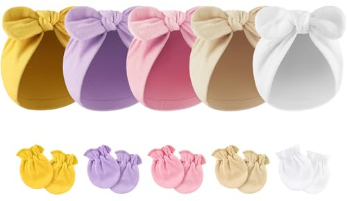 DRESHOW Newborn Baby Bow Knot Turban Hat Mittens Set Hospital Hat Beanie Infant Bow Hats Baby Cotton Gloves No Scratch Mittens for Boys Girls 0-12 Months