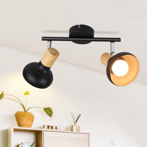 Deboola Deckenstrahler 2 Flammig Deckenleuchte Vintage - Deckenlampe Flur Schwarz Deckenspots Industrial Strahler Innen E14 Metall 350°Schwenkbar Spots für Schlafzimmer Wohnzimmer(Ohne Leuchtmittel)