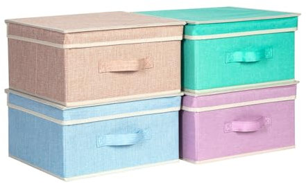 BrilliantJo Storage Boxes with Lid, Foldable Clothing Storage Basket case with Handle for Closet, Bedroom, Home, 33.5L x 31.75W x 17.5H(cm) Ice cream color