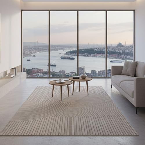 VIMODA Teppich Wohnzimmer Kurzflor Schlafzimmer Wellen Hochtief-Muster/Boho Sakndi,Maße:240 x 330 cm;Farbe:Taupe