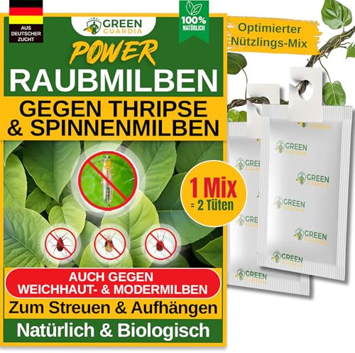 GREEN GUARDIA Power Raubmilben Mix gegen Thripse & Spinnmilben– 1 Mix mit 2 Tüten - Biologisches Mittel zur effektiven Thripse Bekämpfung–Umweltfreundlich, chemiefreie Mittel,einfache Anwendung
