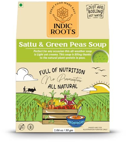 Indic Roots Sattu & Green Peas Instant Soup Packets, Healthy Natural Ready To Cook Vegetable Soup Mix Powder, Pack of 2 (30G, 230Ml)