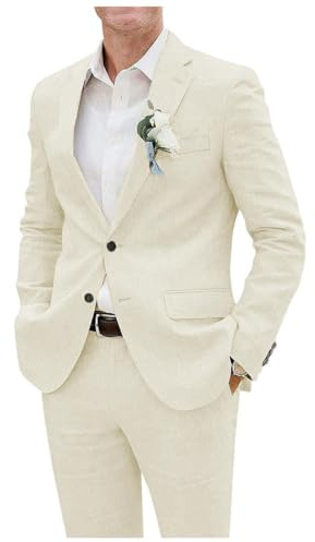 Costume en lin pour hommes 2 pièces avec blazer et pantalon à revers à encoche à simple boutonnage, léger, smoking pour mariage professionnel, crème, L