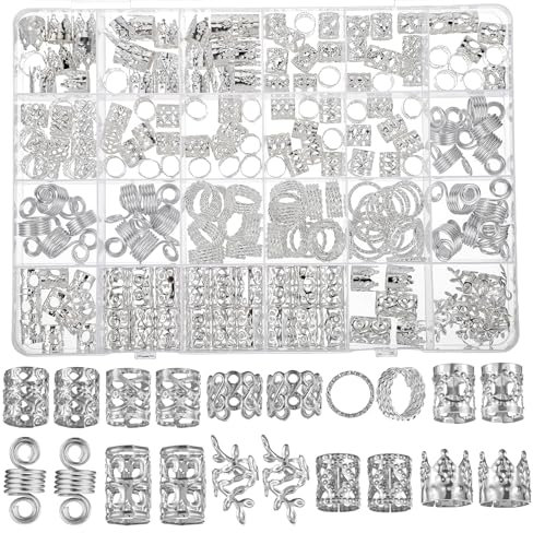 Tyqour 220 Stück Silber Haarschmuck für Zöpfe, Dreadlocks Schmuck Silber Haaranhänger fürFrauen, Haar Schmuck fürZöpfe, Verstellbar Cuffs Haarperlen Haarspiralen für Braids Zubehör Dekoration