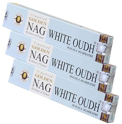 NKlaus Golden Nag White Oudh Räucherstäbchen, 45g Räucherwerk | Edles orientalisches Räucherwerk mit Oudh-Harz für Meditation, Entspannung und sinnliche Atmosphäre