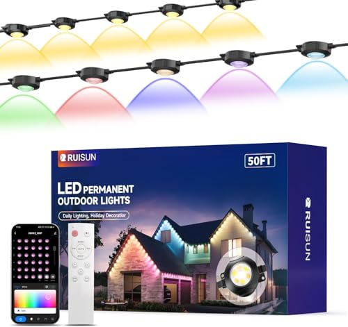 RUISUN Permanente Außenbeleuchte Lights RGBICW 2700-6000K LED Lichterketten Outdoor IP67 Wasserdichte mit App Steuerung für Weihnachtsdekoration Gartenpartys und tägliche beleuchtung (50FT Schwarz)