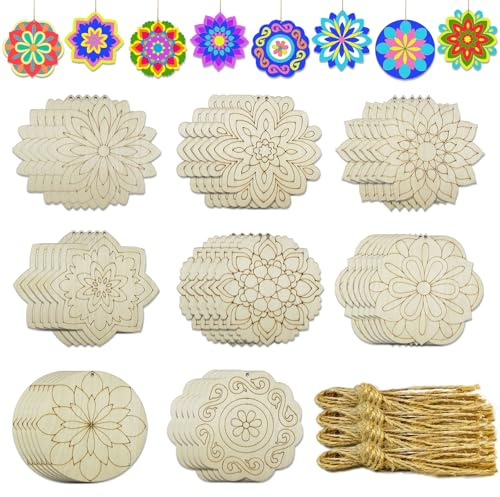 40 Pack 4 Inch Unfinished Wood Mandala to Paint Wooden Mandala Painting Crafts Art Slices for for Door Hanger Decor Halloween Christmas Wedding Birthday Party Thanksgiving Day Decoration