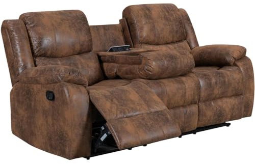 Tan Brown Faux Leather 3 Seater Recliner Sofa for Living Room - Relaxing Lazy Boy Recliner with Drop-Down Table, Cup Holders , Sockets & USB Ports, Easy Manual Lever Living Room Lazy Boy Couch