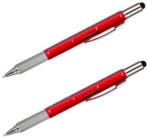 6-in-1 Multitool-Stift (Pack 2), Wasserwaage, Lineal, Schraubendreher (Phillips/flach), kapazitiver Stylus für Smartphone/Tablet, gerändelter Griff, originelle Geschenke für Herren (rot)