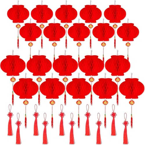 20 Piezas Linternas Chinas, Linternas de Papel Rojo en 2 Tamaños con 10 Nudos Chinos, Linternas Impermeables para Fiestass y Decoración del Año Nuevo Chino