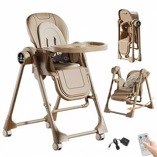 Aveainelle Multifunktionaler Babyhochstuhl mit Schaukelmodus, Smart-Touch-Panel, Fernbedienung, 2-stöckiges Tablett, faltbares Design, Braun/Weiß/Grau, ab 6 Monaten (Electric Khaki)
