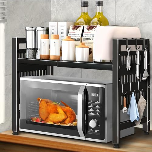 Mensola Microonde Estensibile, Regolabile Due Livelli Microonde Scaffale, Scaffale Salvaspazio Acciaio Carbonio Ripiano Contatore Cucina Organizzatore Ripiani, Scaffale Cucina con 6 Ganci