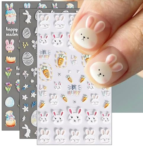 Muorruo 3 Sheets Embossed Easter Nail Stickers – Bunnies, Eggs, Flowers, Self-adhesive 5D Nail Stickers for Spring Manicure with Floral, Bunny, and Carrot Designs, Nail Art Accessories