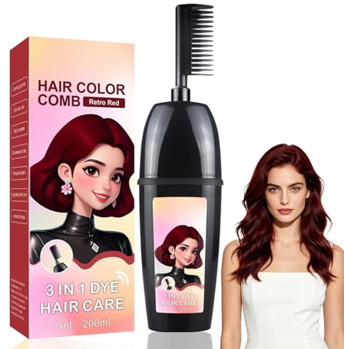 FUFRE 3 in 1 Haarfärbekamm mit integrierter Bürste, Tragbarer Haarfärbekamm mit Pflanzenextrakt, Wasserfester Haarfärbepinsel für schnelle Haarfärbung zu Hause Männer und Frauen (Retro-Rot)