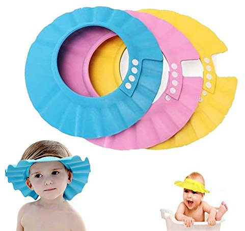 Baby Shower Cap, Shienus Adjustable Waterproof Bath Cap Visor Hat Shower Bathing Protection Soft Cap for Children Baby Kids Set of 3(Pink, Blue, Yellow)