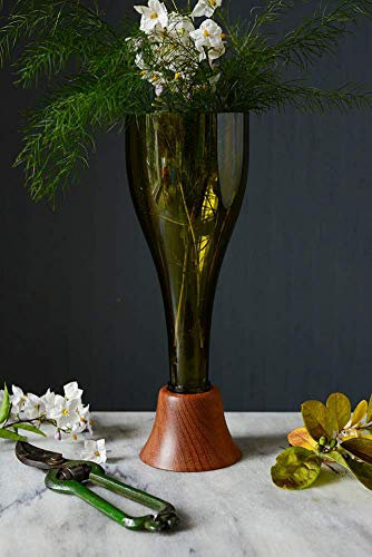 Glass vase handmade from an upcycled Wine bottle with a hand-turned Eco-friendly hardwood Sapele base