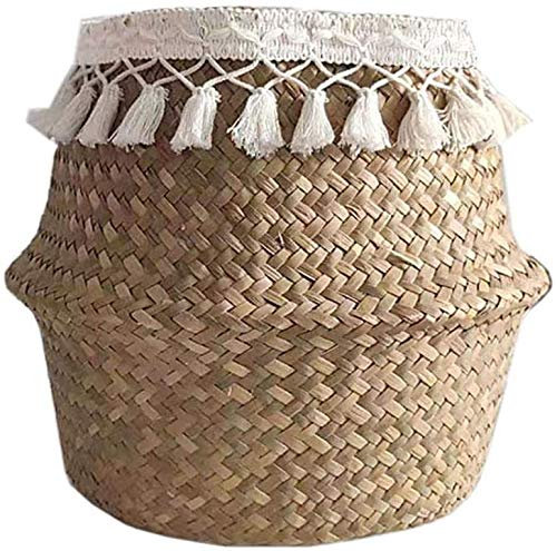 Wäschekorb Faltbar mit Zarte Quaste, Boho-Stil Handgewebt Stroh Seegras Blumenkorb, Bauchkorb Spielzeug Lagerung Naturkorb für Pflanze Blumentopf Spielzeug Wäsche Lagerung Veranstalter Strandtasche