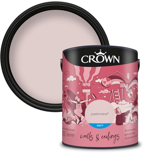 Crown WALLS & CEILINGS Blush Pink Matt Emulsion Paint 5L | Rich velvety matt in Pashmina. Covers beautifully. Ideal for bedrooms & living rooms. Low VOC, low odour, vegan
