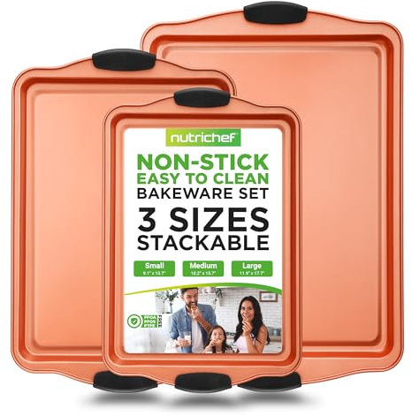 NutriChef Baking Tray Set, Oven Baking Pans, 3 Piece Non-Stick Kitchen Oven Trays, Stackable Carbon Steel Baking Set, Cookie Sheet, Copper Metal Bakeware w/Black Silicone Handles, 3Pc