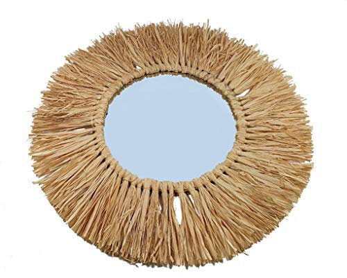 Wandspiegel mit Bastrahmen - 55 cm - Deko Raphia Hänge Spiegel Flurspiegel rund mit Dekor