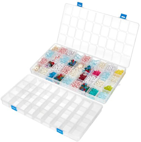 BENECREAT 2 Pack 36 Gitter Kunststoff Aufbewahrungsbox Fach Organizer mit verstellbaren Trennwänden Große durchsichtige Plastikperlen Aufbewahrungsbox (36.5x20x3cm)