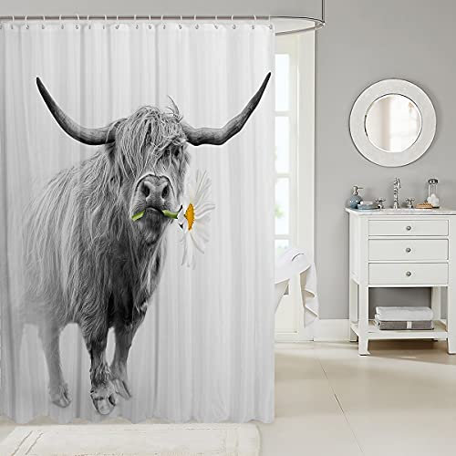 Highland Kuhbulle Duschvorhang Western Tierwelt Tier Badezimmer Vorhang Lustige Bauernhaus Highland Vieh Bad Vorhang mit Blumenblume, weiß grau Skizze Milch wasserdicht Badezimmer Dekor, 200 cm lang