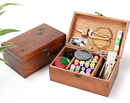 MKNZOME Holz Nähset - Premium Nähanzugbox mit kompletten Nähzubehör für Ausbessern von Kleidung, DIY Hobby Haushalt Nähwerkzeuge für Oma Mutter Mädchen Anfänger, Tragbare für Reise und Notfall#4