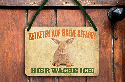 schilderkreis24 – Blechschild Lustiger Hasen Spruch “Betreten auf eigene Gefahr – Hier wache ich!“ Hase Schöne Geschenkidee Geburtstag Küche Garten Hasenstall Weihnachten 18x12 cm