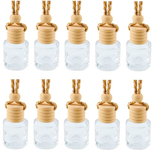 BAQI 10 Pack 8ml Car Air Freshener Perfume Bottle Empty Clear Glass Essential Oil Diffuser Perfume Aromatherapy Pendant Bottle Vials With Wooden Caps & Hanging String