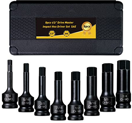 PGROUP Innensechskant Schlagschrauber Nüsse Satz 1/2”, 8 Stück Sechskant Steckschlüssel, SAE 1/4 Zoll bis 3/4 Zoll, Chrom-Molybdän-Stahl