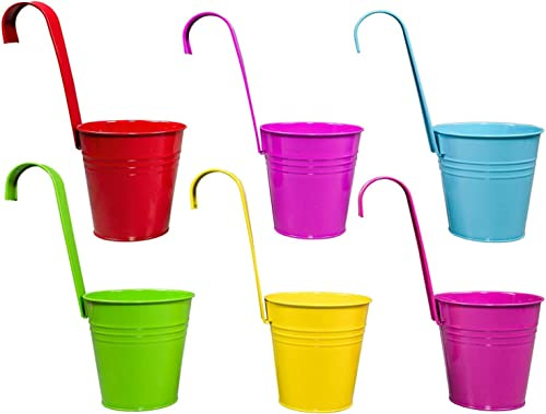 DRULINE Set di 6 vasi da fiori sospesi – Vaso da fiori – Vaso da fiori – 1 vaso in metallo giallo/verde/turchese/rosso/2 rosa – Ø 9/13 cm – L x A x P ca. 13 x 28 x 24 cm – con gancio rimovibile