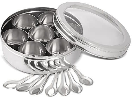 KSJONE See Through Spice Container Masala Dabba With 7 Compartments and 7 Spoons, Masala Box, Spice Container Box, Stainless Steel Spice Box Indian with Transparent Lid, 22.86cm